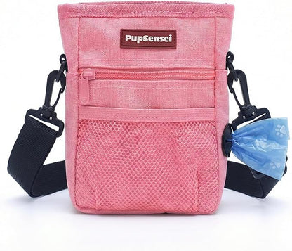PupSensei Dog Treat Pouch for Training – Magnetic Dog Treat Bag with Belt Clip & Poop Bag Dispenser – Hands Free Carry Pouch with Auto-Close Access & Shoulder Strap – Durable Pet Gear –Light Pink