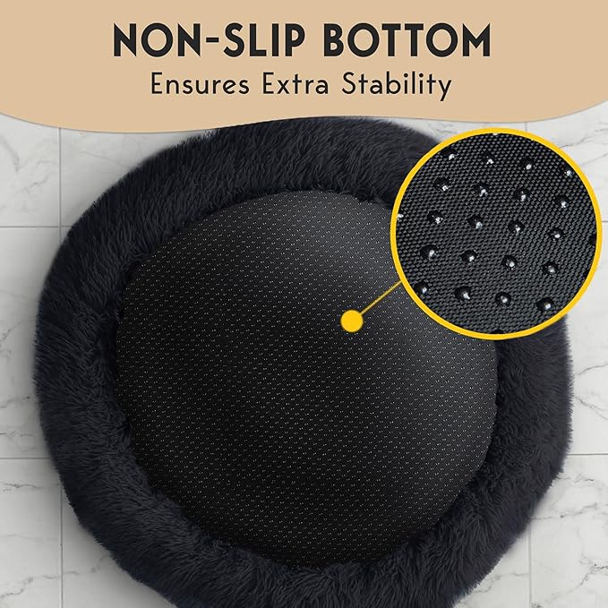 PetJett Calming Dog Bed for Small Dogs – 23" Donut Dog Beds, Anti-Slip & Washable Fluffy Plush Faux Fur Pet Bed, Anti-Anxiety Premium Comfort Round Puppy Bed, Fits Dogs up to 25 lbs – Black