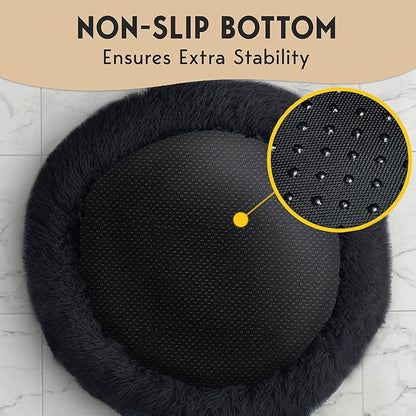 PetJett Calming Dog Bed for Small Dogs – 23" Donut Dog Beds, Anti-Slip & Washable Fluffy Plush Faux Fur Pet Bed, Anti-Anxiety Premium Comfort Round Puppy Bed, Fits Dogs up to 25 lbs – Black