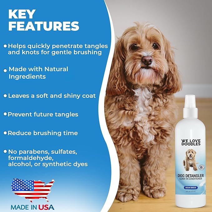We Love Doodles Dog Detangler Spray - Leave-in Conditioner for Dogs - Dog Detangling Spray - Dematting Spray for Dogs - Tangle Remover - Made in The USA, Large 16 fl oz (Ocean Breeze)