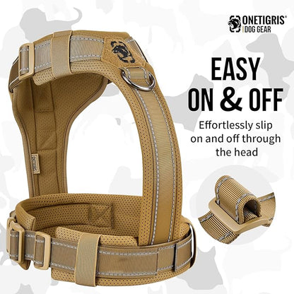 OneTigris Dog Harness, Soft Padding No Pull Dog Vest Harness, Durable High-Tensile Nylon, Adjustable Tactical Harness for Medium and Large Dogs with Reflective, 1 Handle, 3 D-Rings