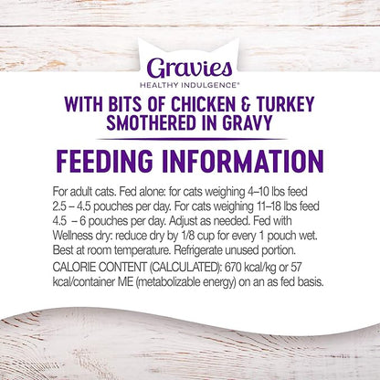 Wellness Healthly Indulgence Gravy Adult Wet Cat Food, Natural, Protein-Rich, Grain Free, 3 Ounce Pouch, 24 Pack, (Chicken & Turkey)