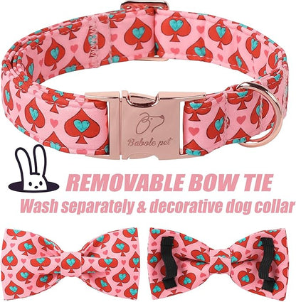 Valentines Dog Collar with Bow Tie - Spade Heart Pattern Pink Bowtie Dog Collar Adjustable Heavy Duty Valentines Dog Collars for Small Medium Large Dogs L