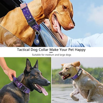 DAGANXI Tactical Dog Collar, Adjustable Military Training Nylon Dog Collar with Control Handle and Heavy Metal Buckle for Medium and Large Dogs, with Patches and Airtags Case (S, Purple Sky)