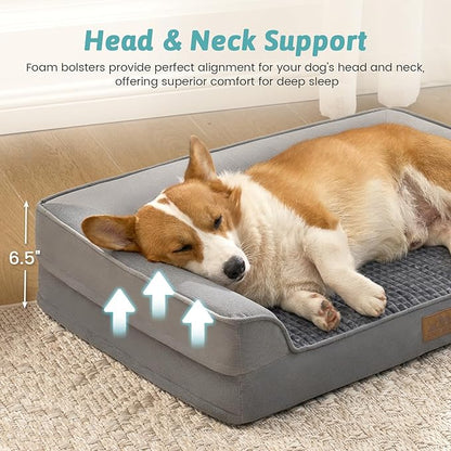 COZY KISS Orthopedic Large Dog Beds, Bolster Pet Couch with Waterproof Lining, Egg Crate Foam Sofa for Pets Up to 65 lbs, U-Shaped, 36x27x6.5 inch, Grey