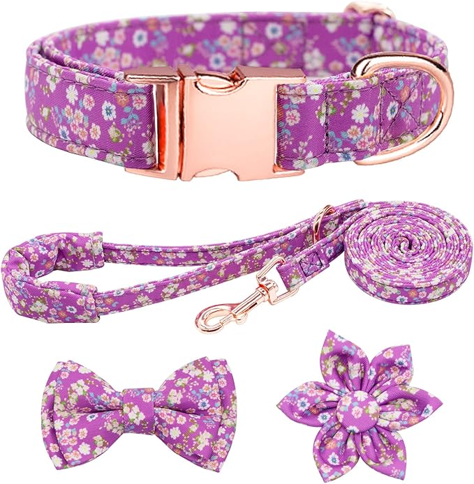 Dog Collar and Leash Set Girls Adjustable Puppy Collars with Floral Bow Tie for Small Medium Large Female Dogs, Purple, L