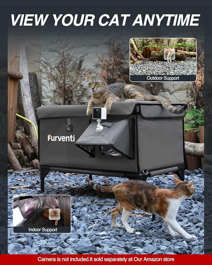 Heated Cat House for Outside,Dual Camera Mounts,100% Weatherproof & Extremely Insulated,Elevated Feral Cat Shelter with Escape Door,Waterproof Eaves for Outdoor Stray Barn Cat(Dark Grey, XL)