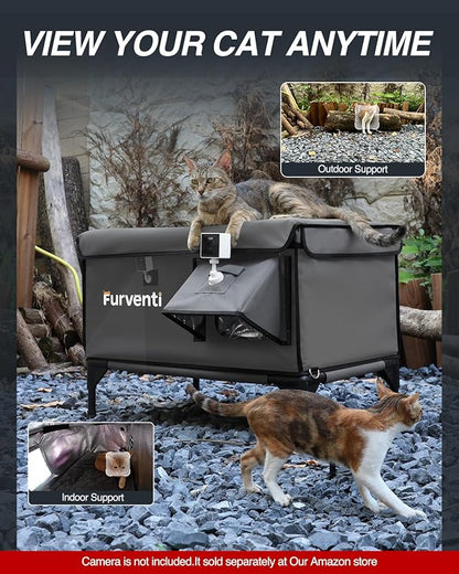 Heated Cat House for Outside,Dual Camera Mounts,100% Weatherproof & Extremely Insulated,Elevated Feral Cat Shelter with Escape Door,Waterproof Eaves for Outdoor Stray Barn Cat(Dark Grey, XL)