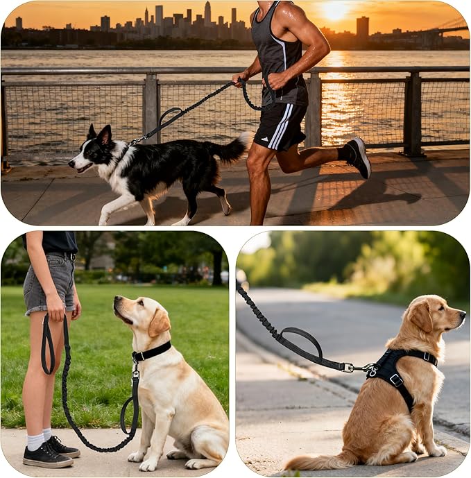 FOVRLZSE Reflective Heavy Duty Bungee Dog Leash - 4FT to 5FT Adjustable Shock Absorbing Leash with Double Padded Handle & 360° No Tangle Metal Clasp for Small Medium Large Dogs (Black)