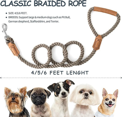 Mile High Life Dog Leash, Braided Cotton Rope Leashes with Leather Handle - Heavy Duty Metal Clasp, 5FT, 1/2" Thick - Wedding, Walking & Training Leash for Small Medium Large Dogs (Camel)
