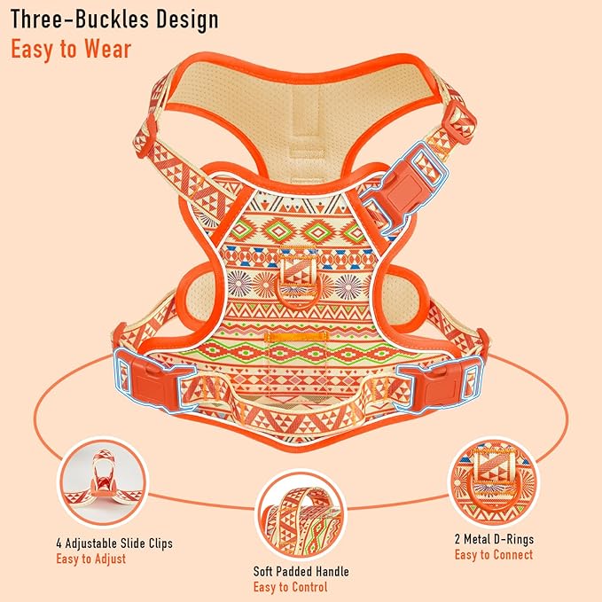 Light Dog Harness for Small Dog Breeds, No-Pull Pet Harness with 2 Leash Clips, Adjustable Soft Padded Dog Vest, Reflective No-Choke Pet Oxford Vest, Puggle, Terriers, Beagle, Orange Ethnic, Small