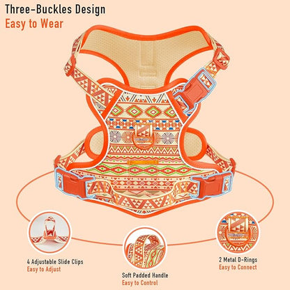 Light Dog Harness for Small Dog Breeds, No-Pull Pet Harness with 2 Leash Clips, Adjustable Soft Padded Dog Vest, Reflective No-Choke Pet Oxford Vest, Puggle, Terriers, Beagle, Orange Ethnic, Small