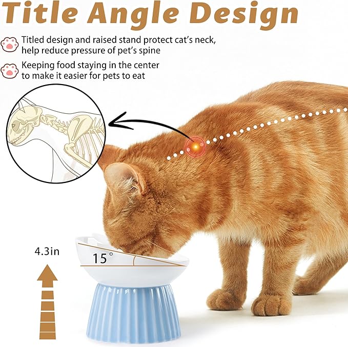 Wellbro Ceramic Raised Cat Bowl，Tilted Raised Bowl Anti Vomit for Indoor Cats Whisker Friendly Pet Feeder for Cats Puppies, Microwave and Dishwasher Safe (Pink)