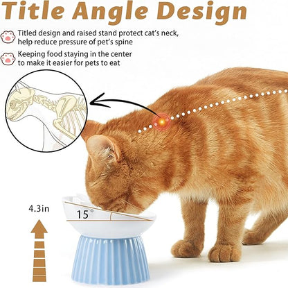 Wellbro Ceramic Raised Cat Bowl，Tilted Raised Bowl Anti Vomit Bowls for Indoor Cats Whisker Friendly Pet Feeder for Cats Puppies, Microwave and Dishwasher Safe