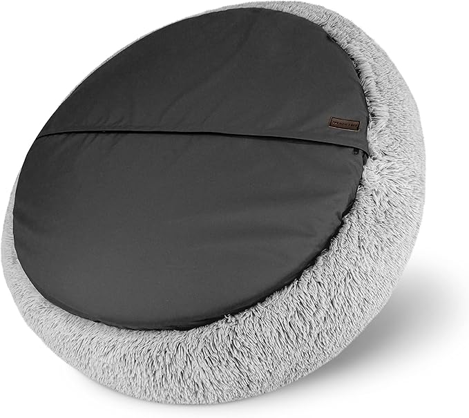 The Dog’s Bed Sound Sleep Donut Dog Bed, XL Silver Grey Fur Calming Nest Bed Removable Cover, Veterinary Approved
