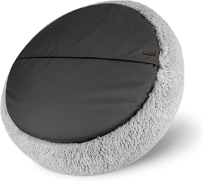The Dog’s Bed Sound Sleep Donut Dog Bed, XL Silver Grey Fur Calming Nest Bed Removable Cover, Veterinary Approved