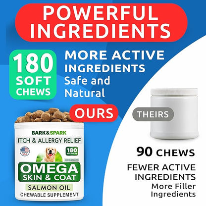 BARK&SPARK Omega 3 for Dogs - 180 Fish Oil Treats for Dog Shedding, Skin Allergy Chews, Itch Relief, Hot Spots Treatment - Joint Health - Skin and Coat Supplement - EPA & DHA Fatty Acids - Salmon Oil
