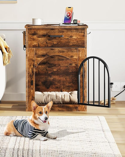 CHOEZON Dog Crate Furniture, Wooden Dog House with Charging Station and Storage Drawer, Indoor Pet Crate End Table for Small Breeds, for Living Room, Bedroom, Rustic Brown MGW01UFG