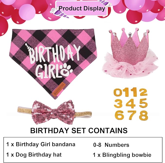 ADOGGYGO Cat Birthday Party Supplies, Birthday Girl Plaid Kitten Bandana, Pink Cat Party Hat with Numbers, Bowtie (Pink)