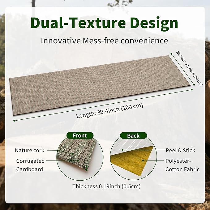 Natural Cork Cat Scratcher Mat, Self-Stick & Trimmable Furniture Protector for Couch, Door, Wall & Bed Corner, Claw-Friendly for Indoor Cats (Catnip Green, 39.4 x 11.8 Inch)