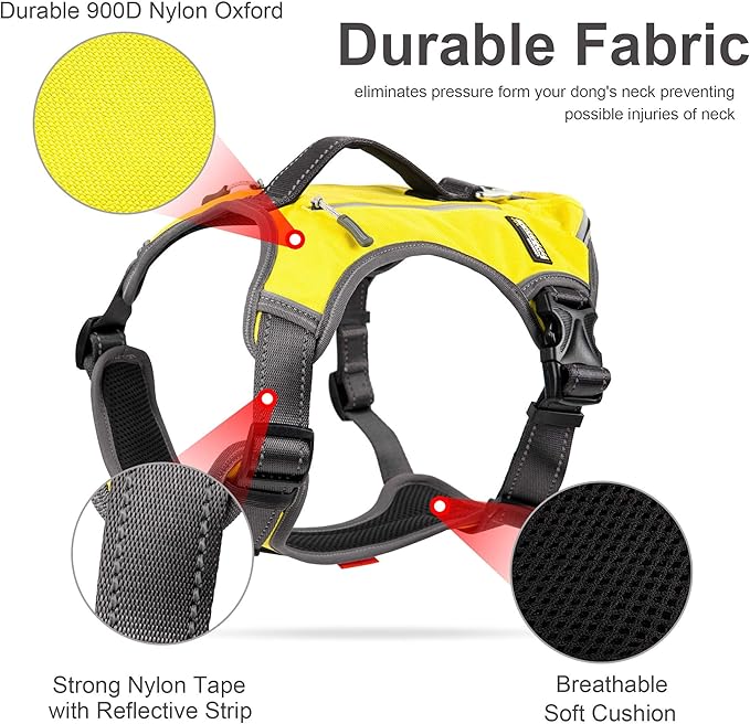 Fida Dog Harness, Multi-Functional No-Pull Pet Vest Harness with Saddle Bags Backpack, Front Leash Clip, Adjustable Soft Padded Reflective No-Choke Dog Vest Heavy Duty for Large Dog, L, Yellow