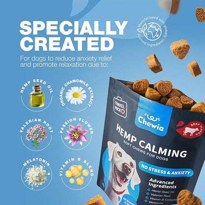Calming Chews for Dogs Anxiety Relief - Soft Chews for Dogs - Melatonin, Chamomile Extract, Valerian Root - Travel Pack - Vet Visits, Grooming, Nail Trimming, Storms