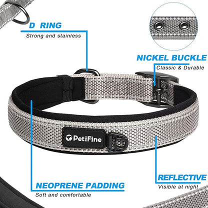 PetiFine Dog Collar for Large Dogs, Neoprene Padded and Adjustable, Reflective Wide Heavy Duty Pet Collars with Durable Metal Belt Buckle for Walking, Grey, L