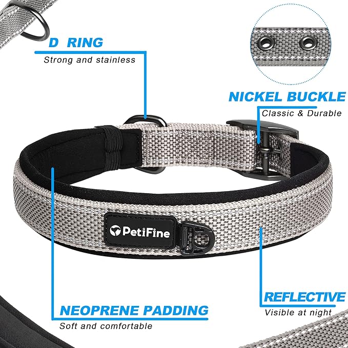 PetiFine Dog Collars for Medium Dogs, Neoprene Padded and Adjustable, Reflective Wide Heavy Duty Pet Collars with Durable Metal Belt Buckle for Walking, Grey, M