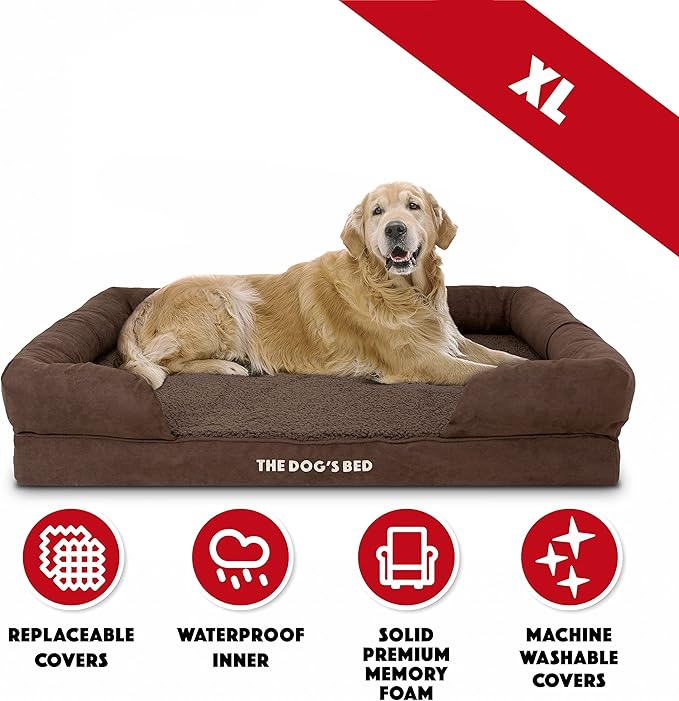 The Dog’s Bed Orthopedic Dog Bed XL Dark Brown Plush 43.5x34, Premium Memory Foam, Pain Relief: Arthritis, Hip & Elbow Dysplasia, Post Surgery, Lameness, Veterinary Approved, Waterproof Washable Cover