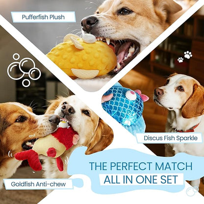 Nocciola Tough Dog Toys, Squeaky Dog Toys to Keep Dogs Busy with Two Resistant Layer & Crinkle Sound, Googly Eyed Fish Gang Puppy Teething Toys for Small, Medium, Large Breeds