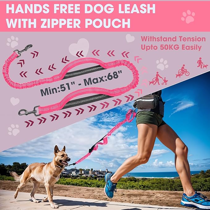 Hands Free Dog Leash with Waist Belt – No-Pull Bungee, Dual Padded Handles & Zipper Pouch for Running, Walking & Training – Adjustable Waist Leash for Large & Medium Dogs (Pink)