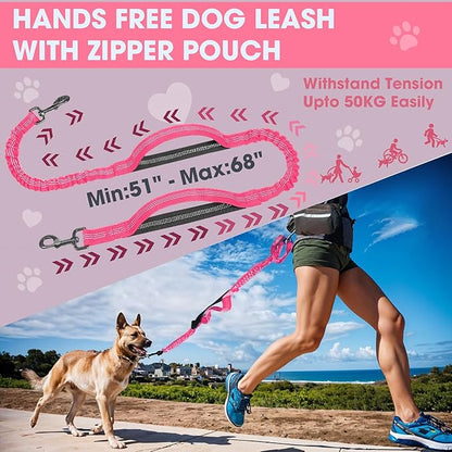 Hands Free Dog Leash with Waist Belt – No-Pull Bungee, Dual Padded Handles & Zipper Pouch for Running, Walking & Training – Adjustable Waist Leash for Large & Medium Dogs (Pink)