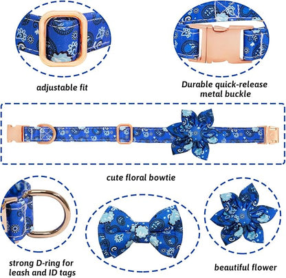 Dog Collar and Leash Set Girls Adjustable Puppy Collars with Floral Bow Tie for Small Medium Large Female Dogs, BluePaisley, XS
