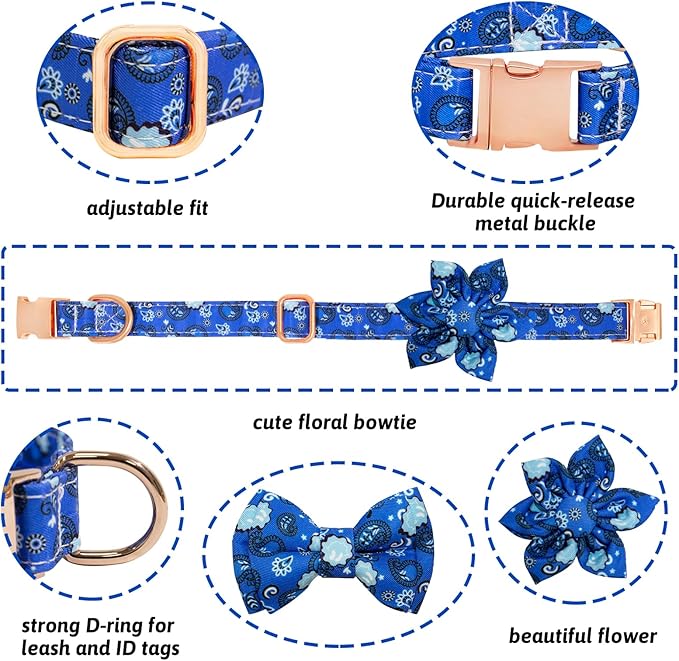 Dog Collar and Leash Set Girls Adjustable Puppy Collars with Floral Bow Tie for Small Medium Large Female Dogs, BluePaisley, S