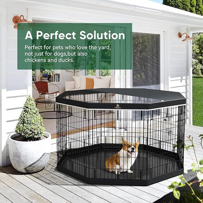 PJYuCien Dog Playpen - 8 Panels 36”H Metal Foldable Dog Exercise Pen, Pet Fence Puppy Crate Kennel Indoor Outdoor with Top Cover & Bottom Pad for Medium Large Pets