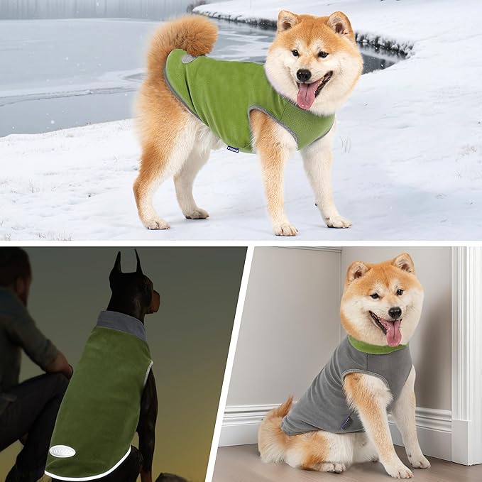 cyeollo 2 Pack Dog Sweater Fleece Vest Dog Sweatshirt Reflective Lightweight Pet Clothes for Medium Large Dogs Boy Girl Pet Apparel Grass Green & Grey, XXL
