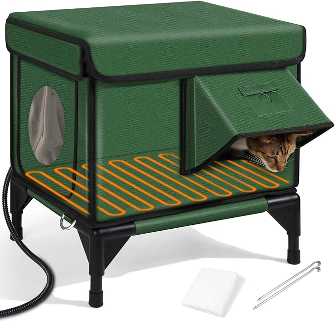 Heated Cat House for Outside,Dual Camera Mounts,100% Weatherproof & Extremely Insulated,Elevated Feral Cat Shelter with Escape Door,Waterproof Eaves for Outdoor Stray Barn Cat(Army Green,S)