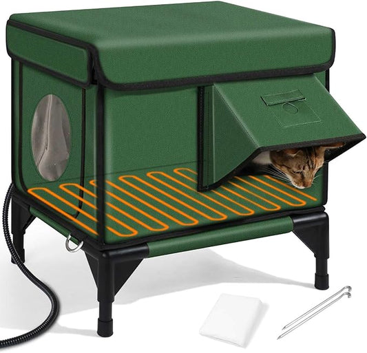 Heated Cat House for Outside,Dual Camera Mounts,100% Weatherproof & Extremely Insulated,Elevated Feral Cat Shelter with Escape Door,Waterproof Eaves for Outdoor Stray Barn Cat(Army Green,S)