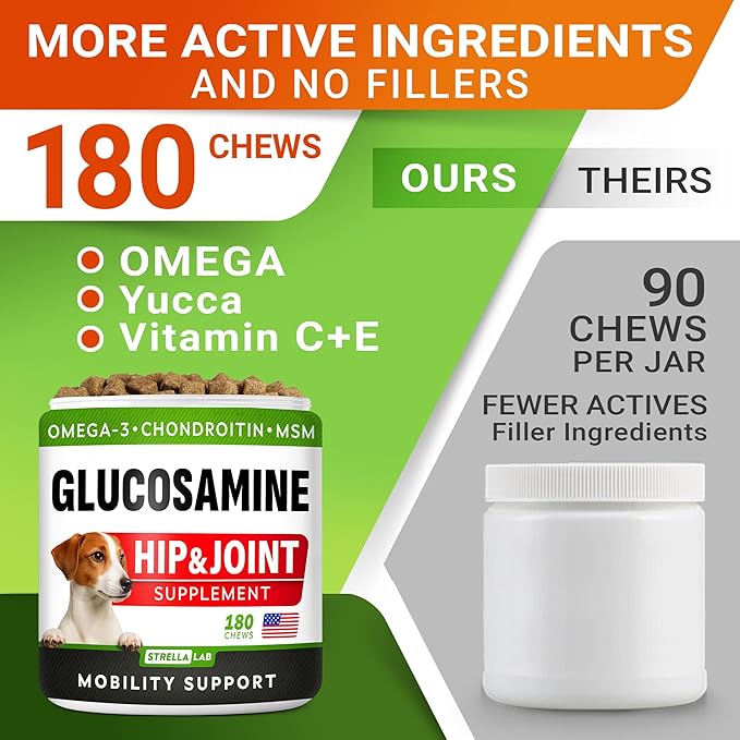 Glucosamine Treats for Dogs - Joint Supplement w/Omega-3 Fish Oil - Chondroitin, MSM - Advanced Mobility Chews - Joint Pain Relief - Hip & Joint Care - Hickory Bacon Flavor - 180 Ct - Made in USA