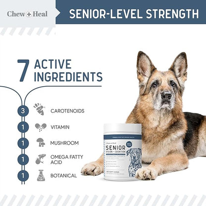 Chew + Heal Labs Senior Dog Vision and Cognition Chews - 120 Soft Chews for Dog Eye Care and Memory - 7-in-1 Multivitamin with Omega Fatty Acids, Vitamins, and Botanicals - Made in The USA