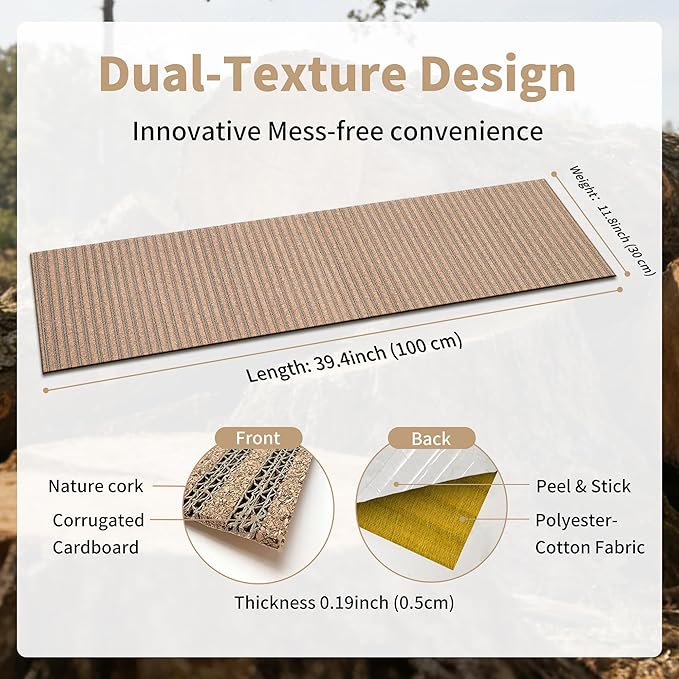 Natural Cork Cat Scratcher Mat, Self-Stick & Trimmable Furniture Protector for Couch, Door, Wall & Bed Corner, Claw-Friendly for Indoor Cats (Oak Wood, 39.4 x 11.8 Inch)