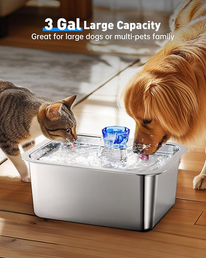 3 Gallon Large Dog Water Fountain - 11L Stainless Steel Pet Fountain with 4 Filters, Ultra Quiet Automatic Dog Water Bowl Dispenser for Extra Large & Multi-pet, Wide Drinking Area, Easy to Clean