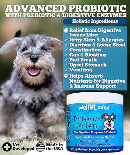 Probiotics for Dogs, Dog Probiotics, Made in USA, Vet Developed for Gut Health, Yeast Balance, Itchy Skin, Diarrhea & Gas Relief, Chews with Prebiotic & Digestive Enzymes, Digestive Support