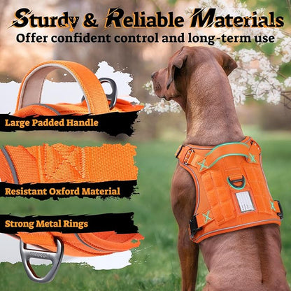 rabbitgoo Dog Harness for Large Dogs No Pull, Tactical Service Pet Vest with Molle and Control Handle, Adjustable and Reflective Military Harness for Easy Walking and Training, Orange, L