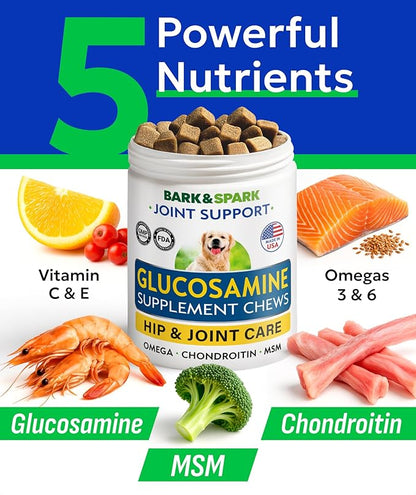 BARK&SPARK Glucosamine Chondroitin Dog Hip & Joint Supplement - Joint Pain Relief - Hip & Joint Chews - Joint Support Large Small Breed - Senior Doggie Vitamin Pill Joint Health (120 Treats - Bacon)