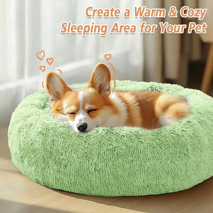 JOLLYVOGUE Calming Dog Bed Medium Size Dog, Anti-Anxiety Donut Medium Pet Bed, 31 inches Fluffy Faux Fur Round Cat Bed, Fits up to 45 lbs Pets (Light Green)