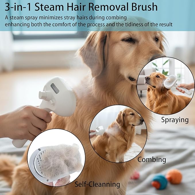 Pet Steam Brush for Dog & Cat, 3-in-1 Steam Grooming Brush - Steam for Shedding & Grooming, Comes with a steel comb, Suitable for long and short haired dogs as well as cats