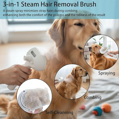 Pet Steam Brush for Dog & Cat, 3-in-1 Steam Grooming Brush - Steam for Shedding & Grooming, Comes with a steel comb, Suitable for long and short haired dogs as well as cats