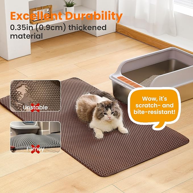 Petinstinct Jumbo Cat Litter Mat, 46x26 Inches Double Layer Honeycomb Litter Trapping Mat, Non Slip Waterproof Urine Proof Extra Large Cat Litter Box Mat, Kitten Supplies and Essentials, XXL, Brown