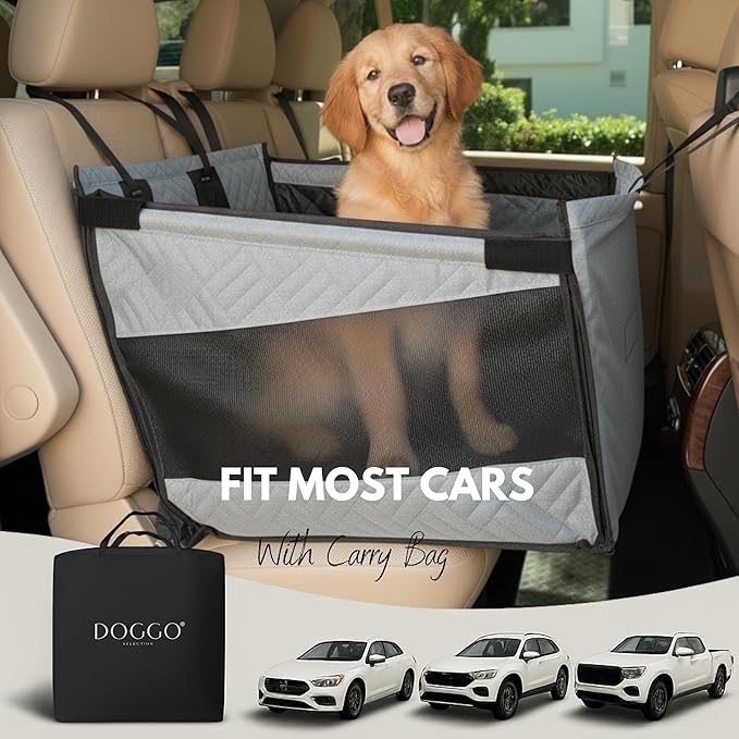 Premium Dog Car Seat & Back Seat – Waterproof & Non-Slip Travel Hammock with Storage Pockets | Secure & Comfortable Pet Seat Cover for Large & Medium Dogs – Fits Cars, SUVs & Trucks (Gray)